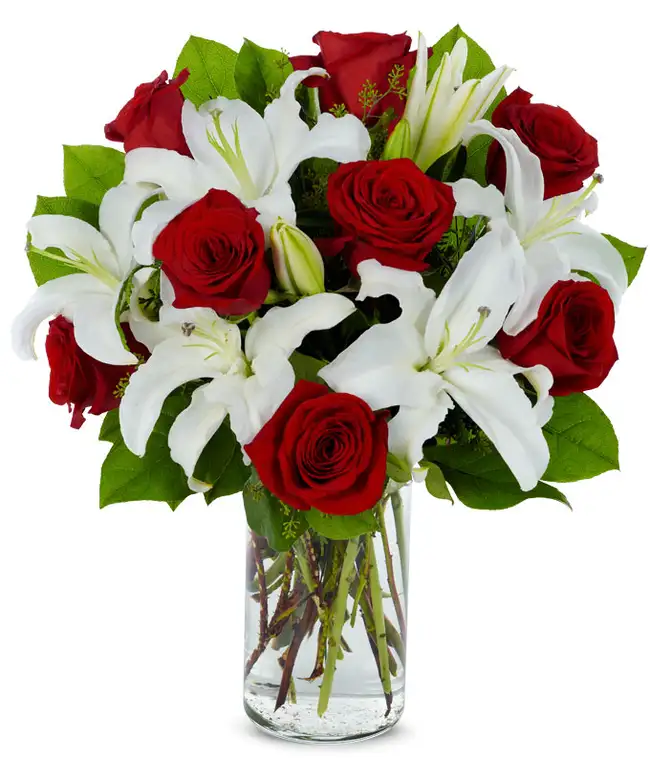DF 36 - 12 Red Roses & 5 Oriental Lilies in a vase 